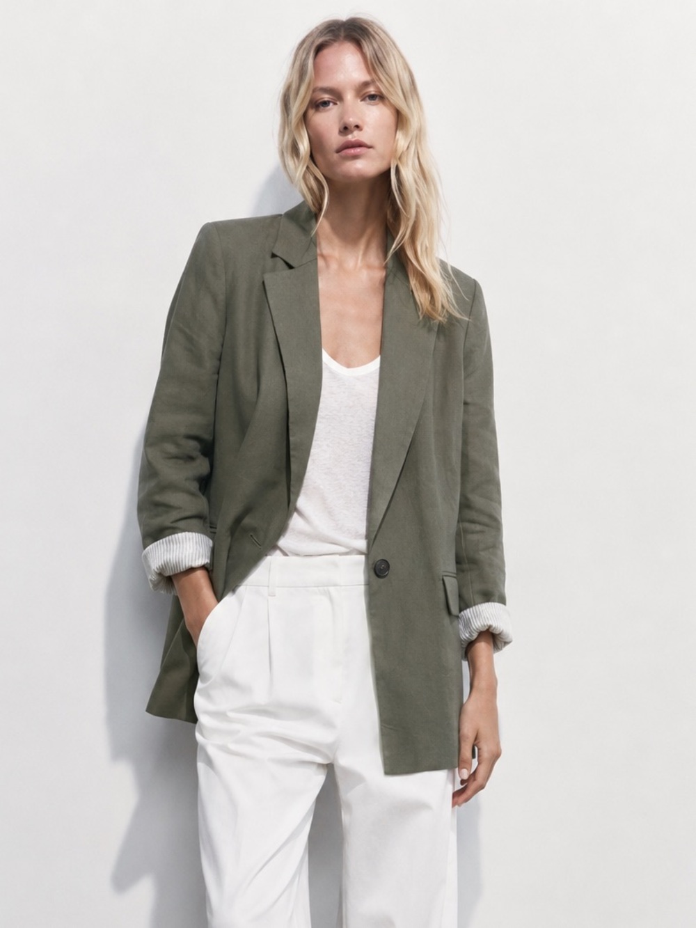ZARA NWT Olive Green Linen Blend Oversized Long Blazer Jacket XS